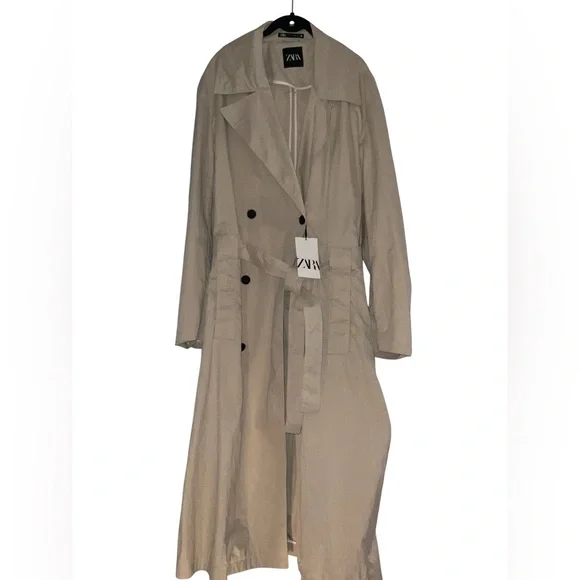 ZARA NWT Technical Trench Coat Sand Long Double-Breasted L/XL retail $169 - Picture 4 of 12